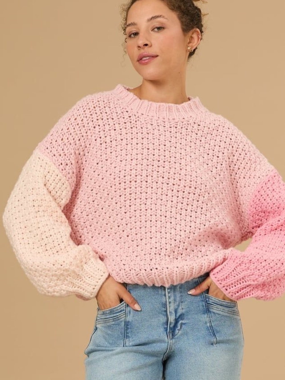 Altar’d State Marlee Chunky Pink Colorblock Sweater - Size Medium